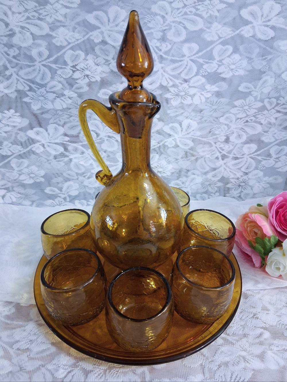 Vintage MCM Blown Amber Crackle Glass Decanter Set 7 Cups And Tray